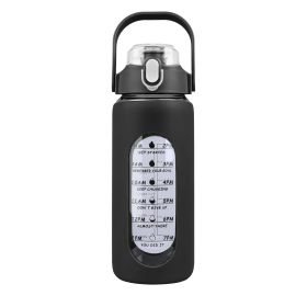Glass Water Bottle Sports Water Bottle Motivational Water Bottle Water Intake Tracker Bottle with Straw Time Marker Silicone Sleeve Handle for Gy (Capacity: 64Oz, Color: Black)