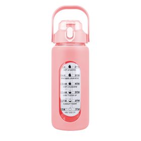 Glass Water Bottle Sports Water Bottle Motivational Water Bottle Water Intake Tracker Bottle with Straw Time Marker Silicone Sleeve Handle for Gy (Capacity: 64Oz, Color: Pink)